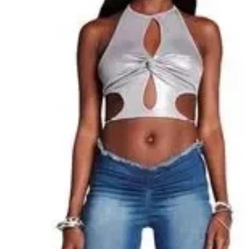 I Am Gia Valera Silver Halter Cutout Top